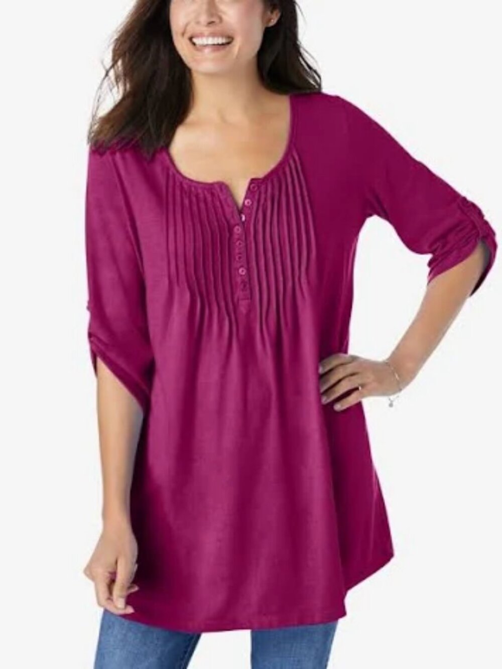 WOMAN WITHIN WOMEN'S SIZE 4XL (34 / 36) TOP FUCHSIA PINK PINTUCK HENLEY TUNIC